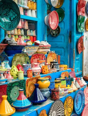 Colorful crockery at Moroccan pottery shop