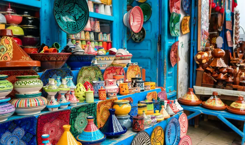 Colorful crockery at Moroccan pottery shop