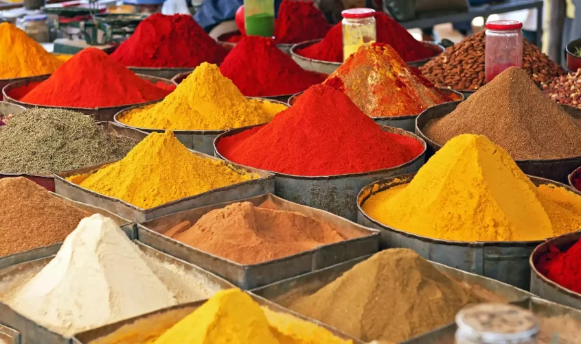 A variety of Moroccan spices in a spice market