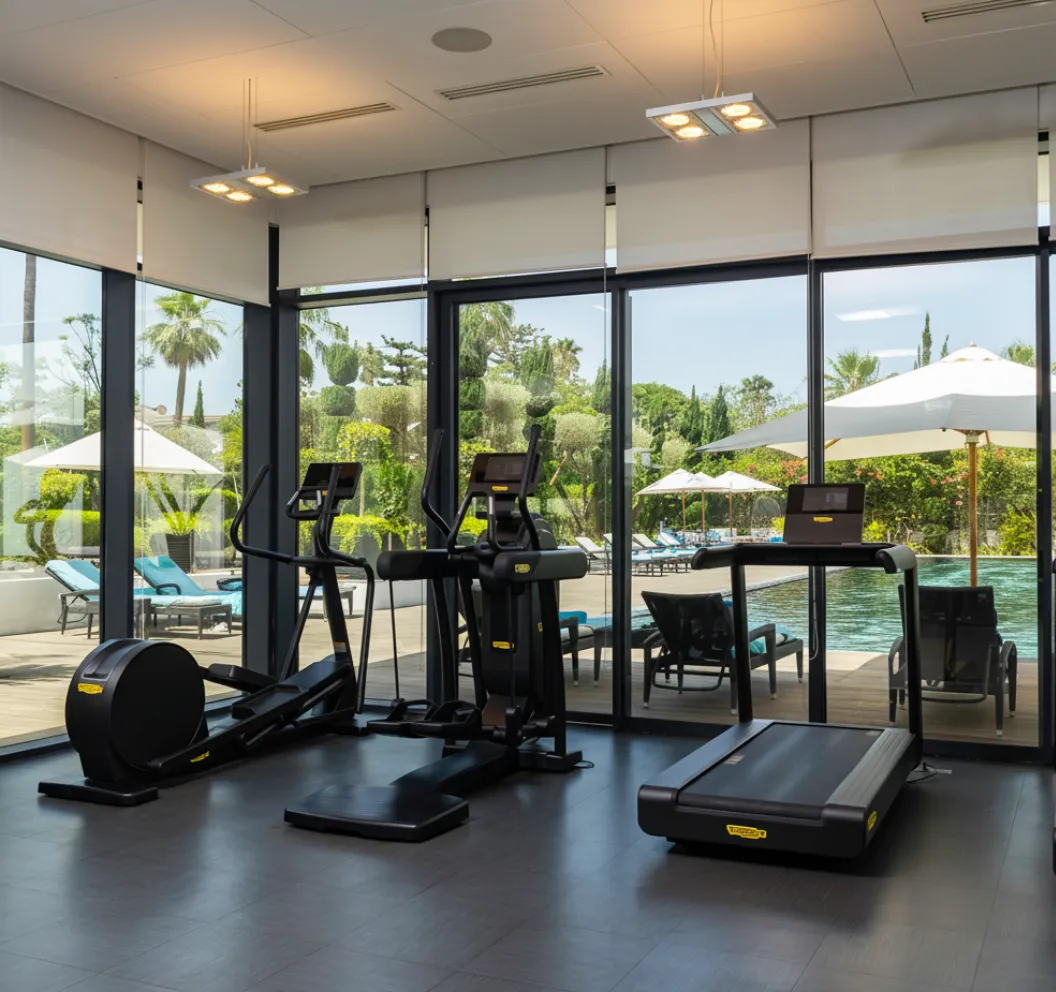صالة رياضية واسعة وحديثة مزوّدة بأجهزة تمارين القلب والقوة في فندق ستوري الرباط، أحد أفضل الفنادق في الرباط، حيث يوفر للنزلاء مساحة مريحة للبقاء نشيطاً.