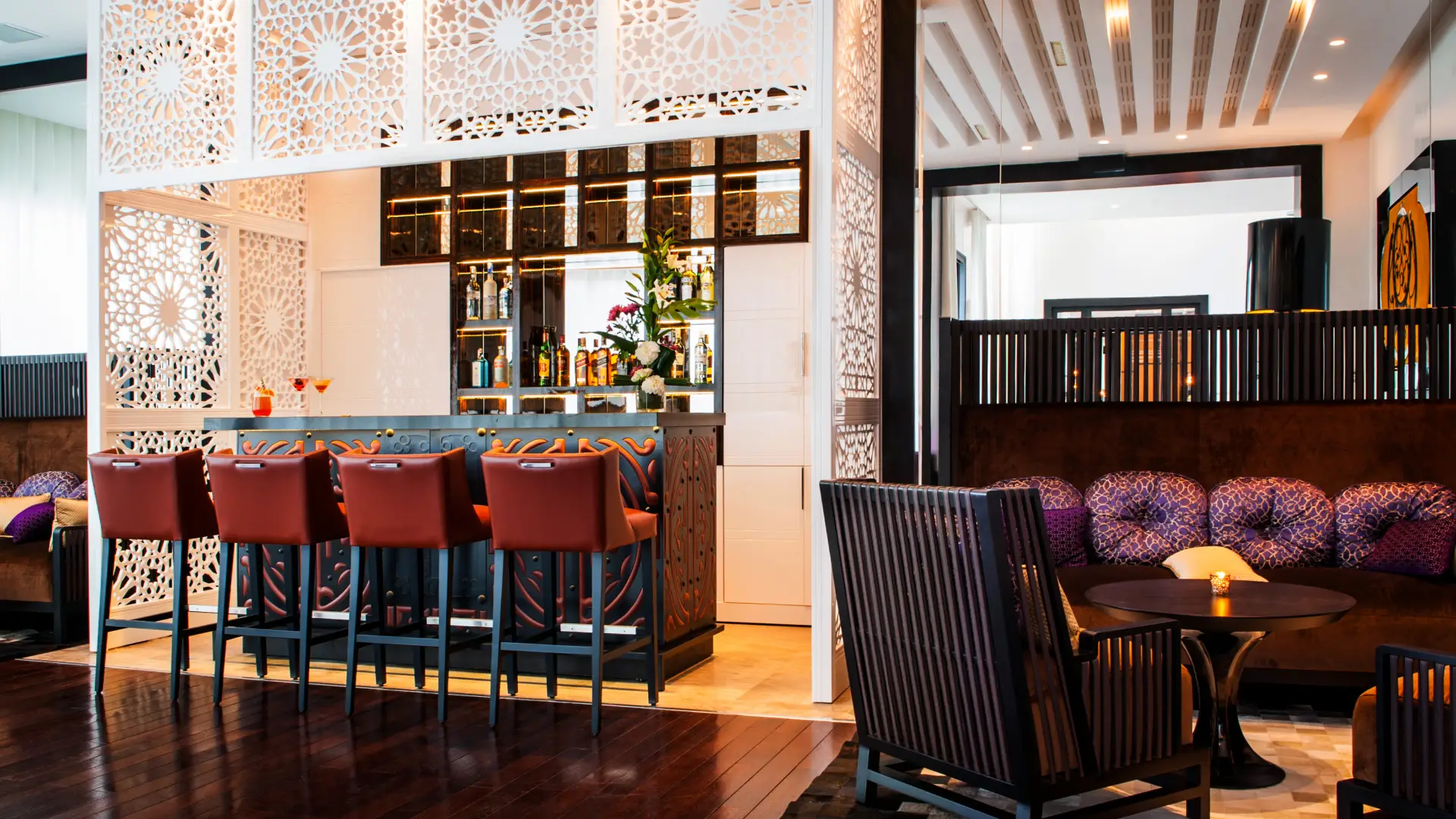 Stylish and modern bar at STORY Rabat, offering a cozy ambiance and a selection of drinks, located in one of the best hotels in Rabat, Morocco