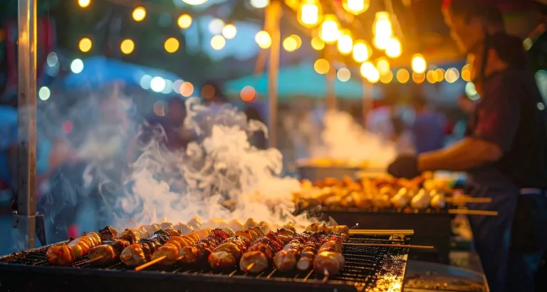 Smoky Moroccan street food night market with skewers and barbecue grilling under warm lights.