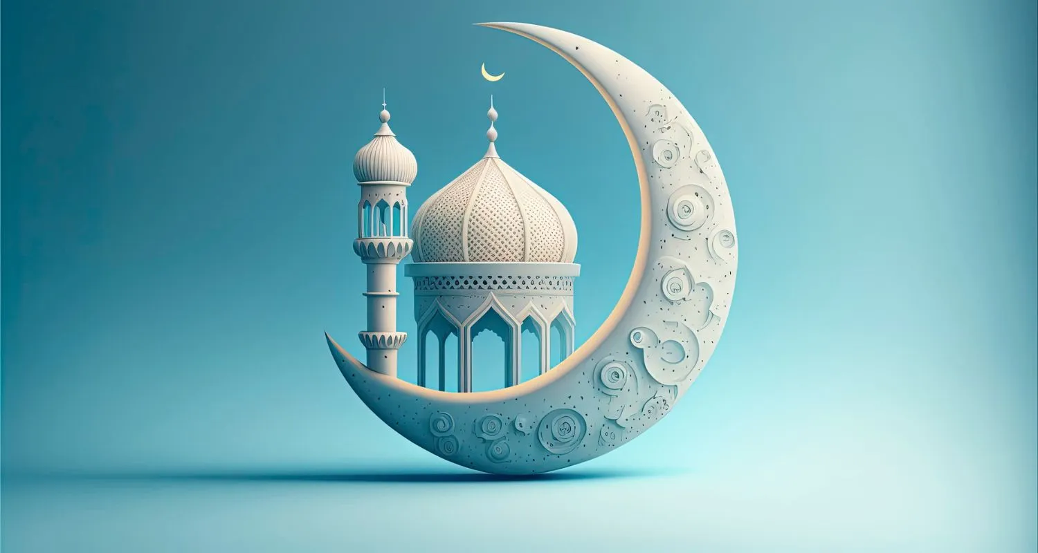 Crescent moon and mosque silhouette symbolizing Eid celebrations.