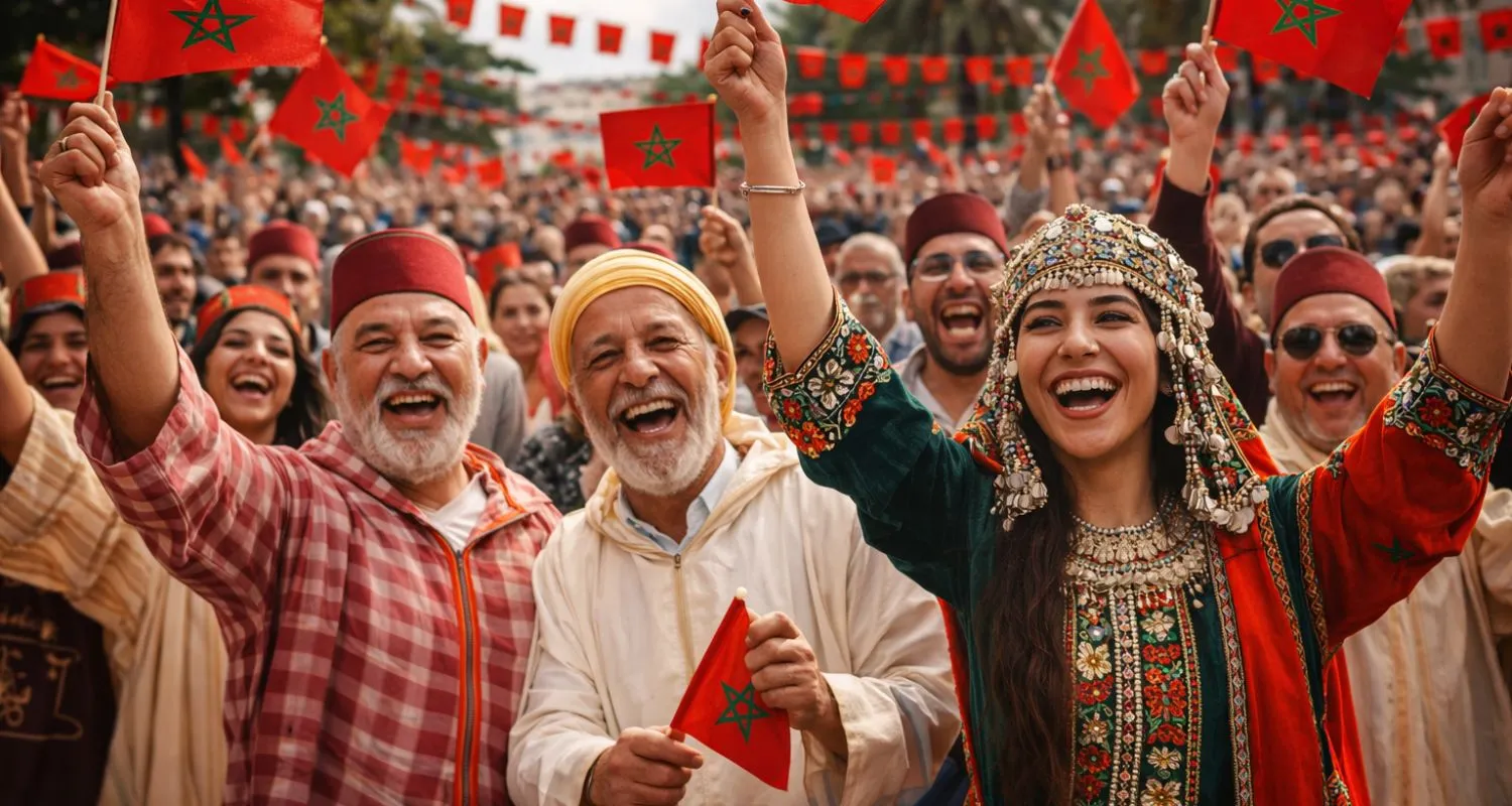Crowds celebrating national holidays in Morocco 2026 with flags and traditional clothing