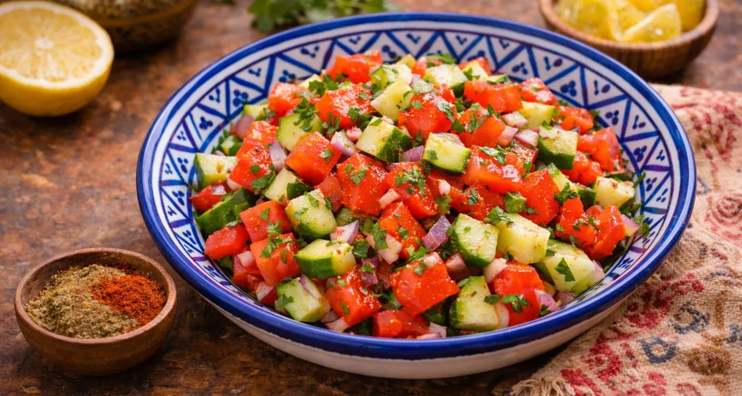 A Moroccan tomato and cucumber salad with fresh herbs, cumin, and paprika, offering a crisp and vibrant contrast to richer Moroccan dishes.