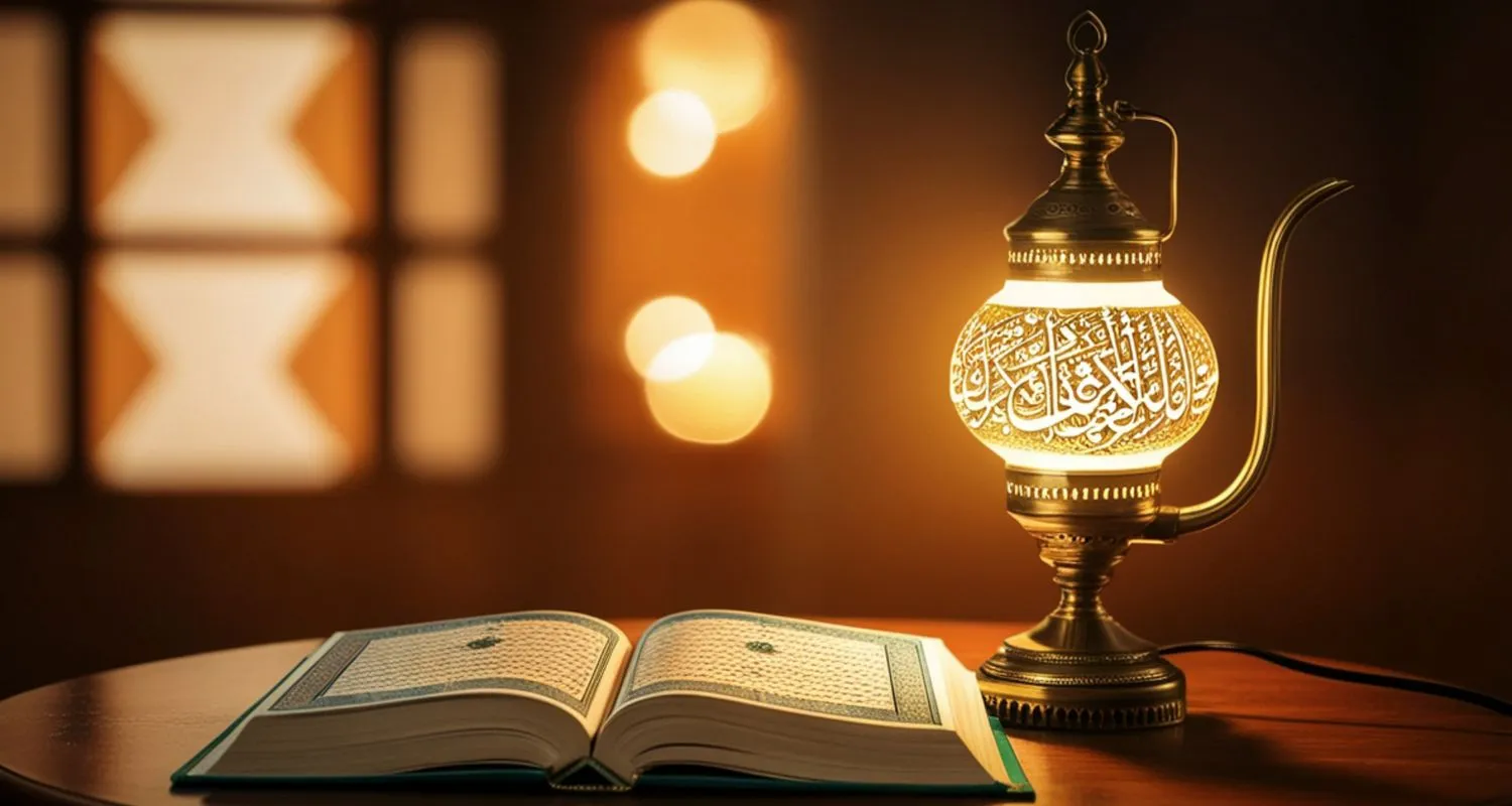 Beautifully illuminated Quran on a wooden table, with traditional lamp during Ramadan.