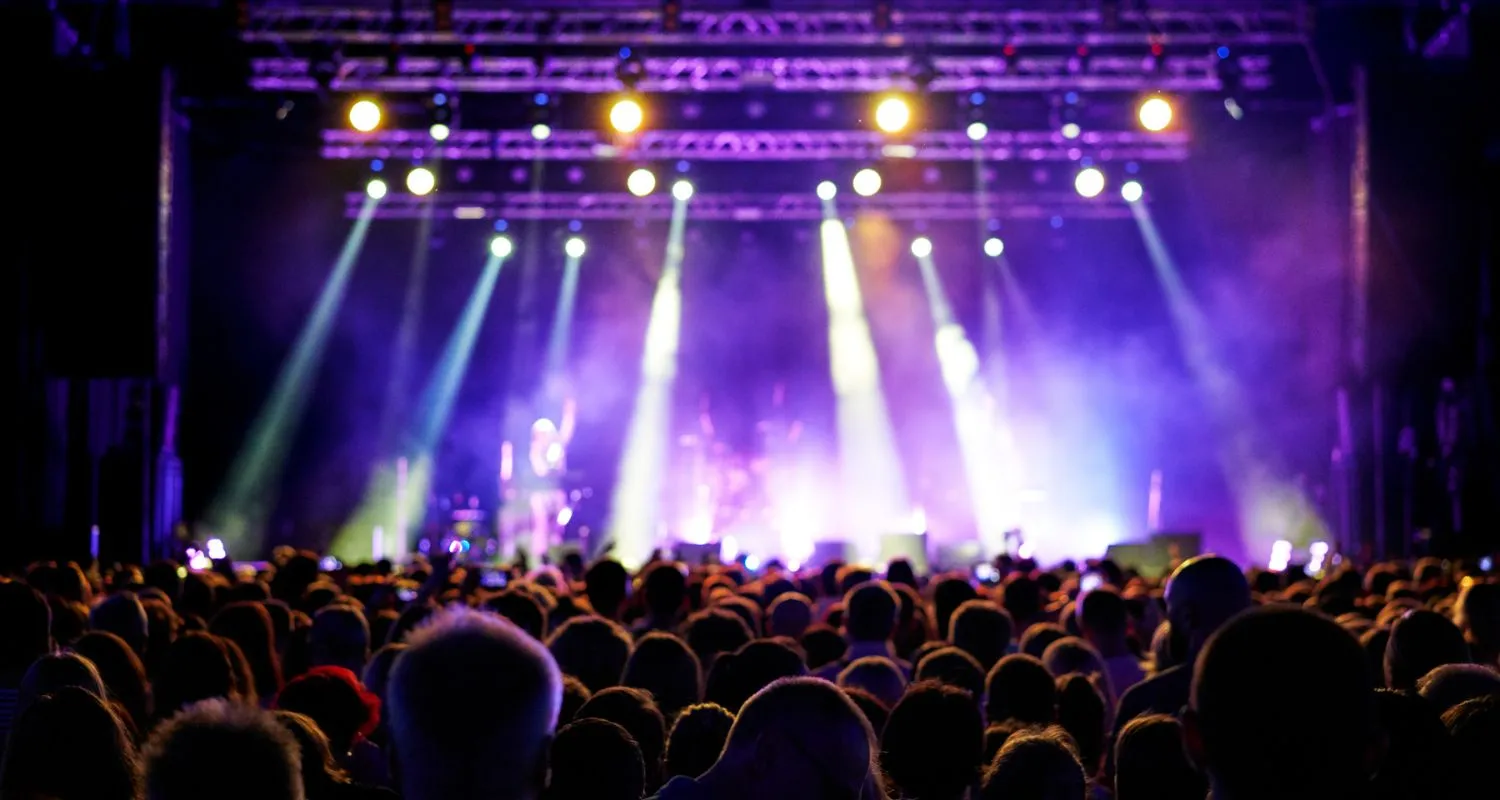 Crowd watching a live concert under colorful stage lights at night