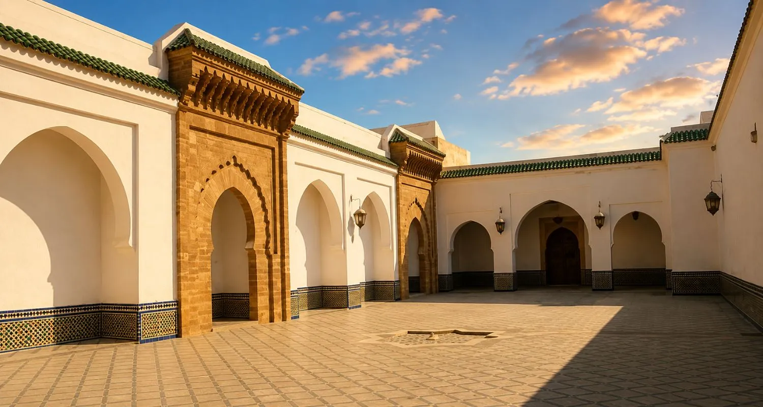 Inner courtyard of the Great Mosque in Salé medina, with white walls, a carved horseshoe-arch portal, green-tiled roofline and zellij tile dadoes