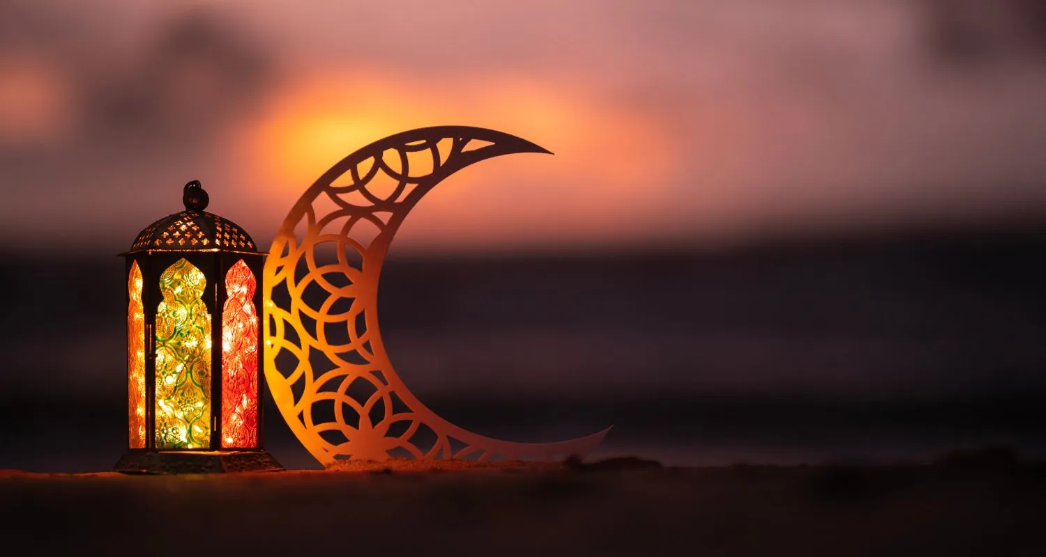 Ramadan lantern and crescent decoration at sunset in Morocco