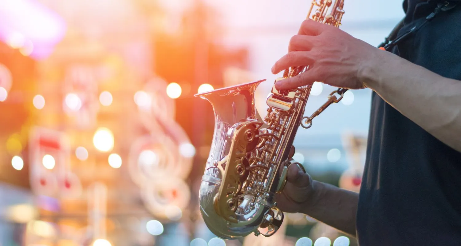 Saxophone player performing live at an outdoor Jazz festival in Rabat