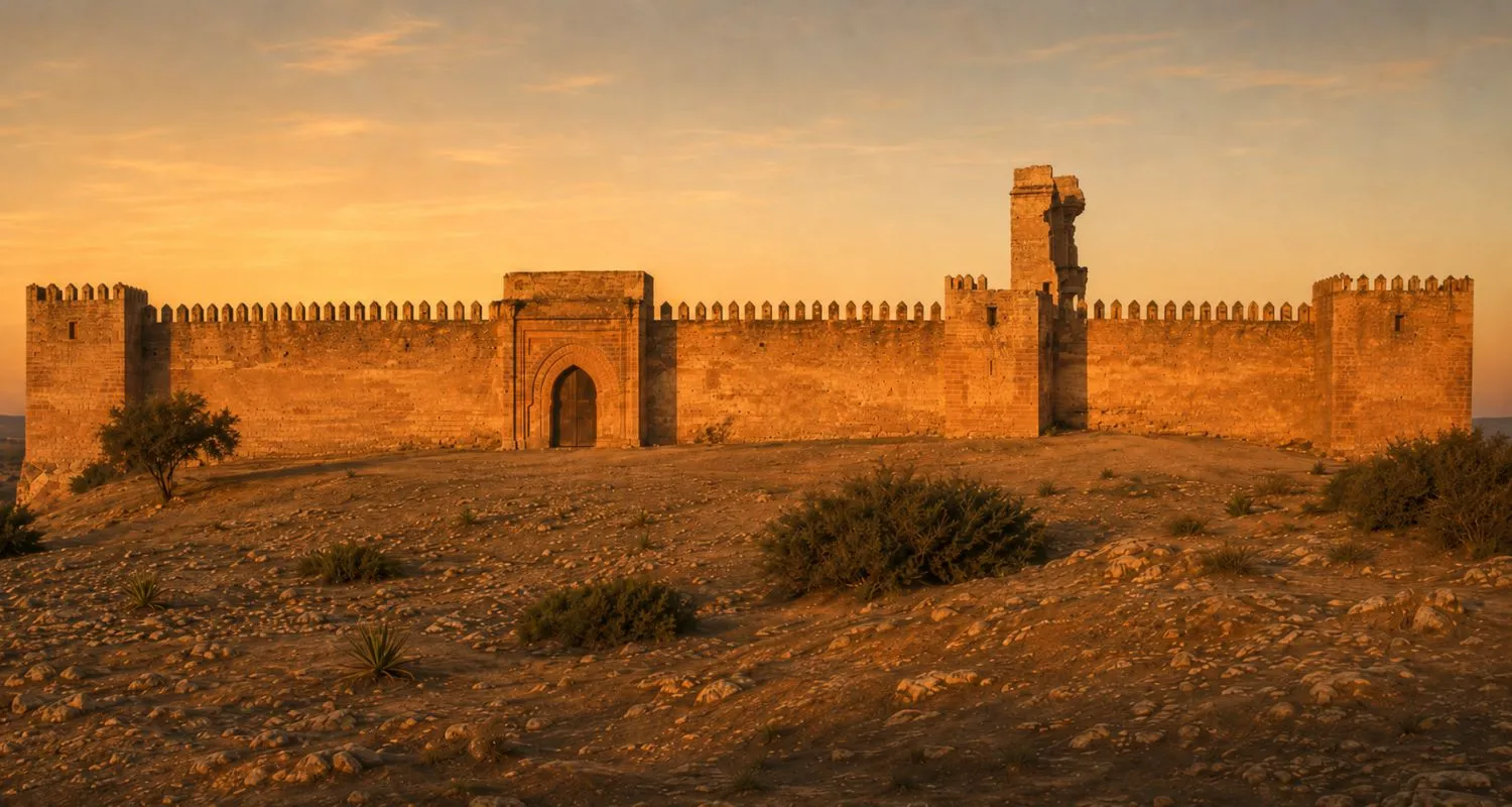 Kasbah de Boulaouane fortress at sunrise above a rocky Moroccan hillside
